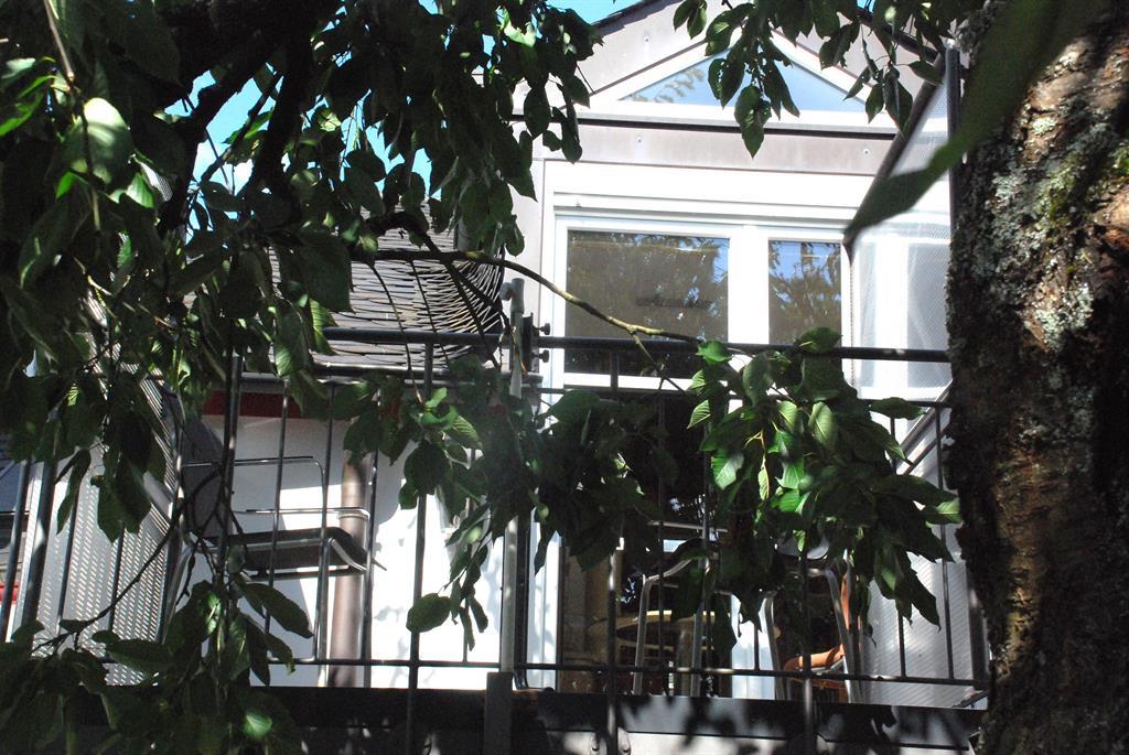 Balkon, im Sommer im Schatten eines Kirschbaums