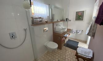 A modern bathroom with a walk-in shower and bright tiles. The elegant decor includes a wash area and towel holders.