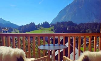 <p>A beautiful view from a balcony overlooking green meadows and the local mountain Grimming. Two cozy chairs and a table invite you to relax.</p>