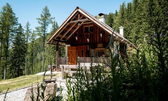 A charming wooden cabin surrounded by green trees and a peaceful landscape. The scene radiates tranquility and a connection to nature.