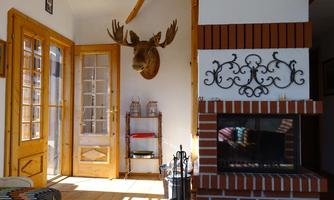 A cozy living room with wooden details and a fireplace. A deer antler hangs on the wall while light streams through the windows.