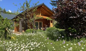 A cozy wooden house is situated in a blooming garden full of wildflowers. The sky is clear and blue, surrounded by green trees.