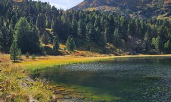 A picturesque lake surrounded by wooded mountains and colorful autumn foliage. The sky is clear and the landscape exudes calm and peace.