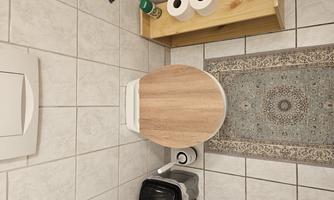 A modern bathroom with a wooden block and a decorative bath mat. Next to the toilet, there is a shelf with toilet paper and a small trash can.
