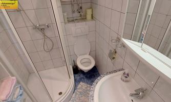 A modern bathroom with a shower cubicle, toilet, and sink. The walls are tiled, and there is a large mirror.