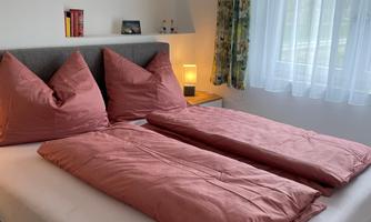 A cozy bedroom with two beds and pink bedspreads. The room is bright and welcoming, with a window and a bedside table.