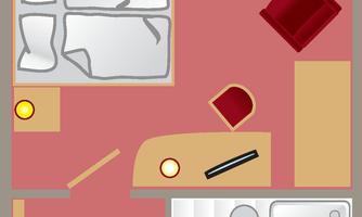 A simple floor plan of a room with two beds, a table, and two red chairs. At the bottom, there is a bathroom with a toilet and sink.