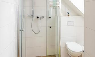 A modern bathroom with a glass shower and a toilet. The floor is covered with a green carpet, and the walls are in bright white.