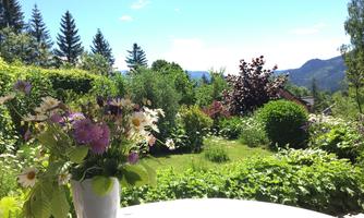 A beautiful garden with colorful flowers and green bushes. In the background, mountains and a blue sky can be seen.