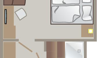 A simple room layout with a bed, a table, and two chairs. The bathroom is also marked, featuring a toilet and a sink.