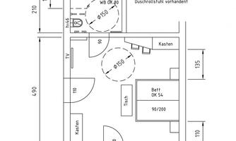 Room plan for room 06 in the Adelwöhrer am Hof. The layout shows the arrangement of bed, table, wardrobe, and terrace.