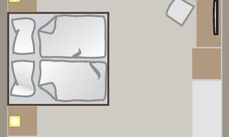 A schematic representation of a room with a double bed, a table, and a chair. The layout also shows bathroom and living areas.