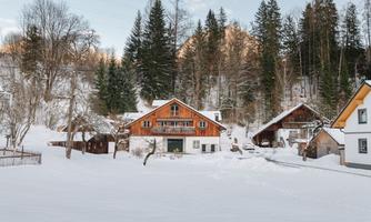 A picturesque winter village with wooden buildings and snow-covered roofs. Surrounded by majestic fir trees and a tranquil, snowy landscape.