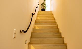 A bright staircase with wooden steps and a black handrail. At the top of the stairs, there is a pot with a plant.