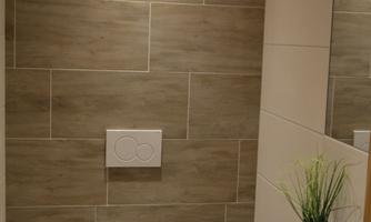 A modern bathroom with wood-look wall tiles. It features a toilet bowl, a small sink, and a plant on the shelf.