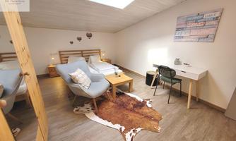 A cozy room with light wooden decor. There is a bed, a table, two chairs, and a cowhide rug.