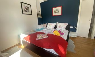 A cozy bedroom with a large bed and colorful cushions. The walls are painted dark blue, and there are artworks on the walls.