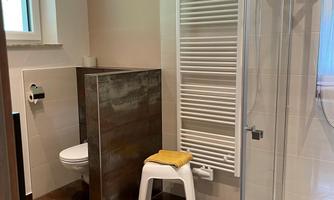 A modern bathroom with a shower, a toilet, and a towel rack. The floor is made of wood, and a white plastic stool is in the room.