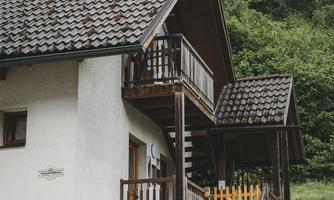 A modern house with a sloping roof and wooden cladding.  
Surrounded by lush greenery and a small garden.