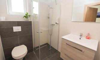 A modern bathroom with a shower, a sink, and a toilet. The walls are light tiled, and there is a small plant on the shelf.