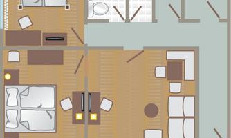 A simple floor plan drawing of an apartment with two bedrooms, a living area, and a bathroom. The furniture is schematically represented, including beds, a table, and sofas.