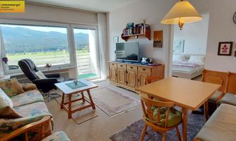 A cozy living room with a table and comfortable sofas. Large windows offer a view of the mountains.