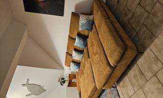 A cozy living room with a brown sofa and colorful cushions. An impressive painting of a lion hangs on the wall.