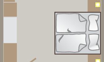 A simple room layout with a double bed, a desk, and a bathroom. There is also a living area with chairs and a table.