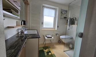 A modern bathroom with a sink, a shower, and a toilet. The room has bright colors and a cozy atmosphere.