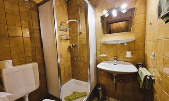 A small bathroom with brown tiles. It contains a shower, a sink, and a toilet.