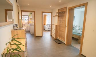 A bright hallway with wooden details and white walls. There are several doors to adjacent rooms and a plant decoration.