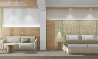 A modern bedroom with bright wooden elements. It contains a double bed, a cozy couch, and large windows.