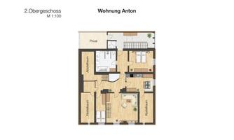 Floor plan of the apartment Anton on the 2nd floor. The rooms include a living room and bedroom as well as a kitchen and a bathroom.