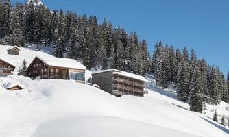 A snowy winter landscape with several huts and tall trees. The clear blue sky provides a beautiful contrast to the white snow.