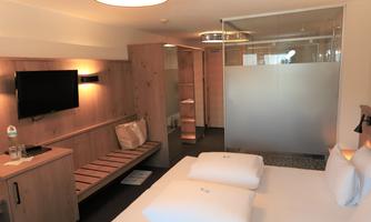 A modern hotel room with a double bed, a television, and a wooden shelf. The glass shower cabin and the soft lighting create an inviting atmosphere.