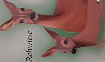 A sign with the inscription "Deer Meadow" and two painted deer. The deer have large eyes and a gentle expression.