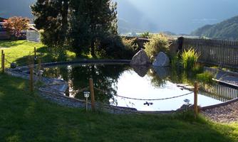 A tranquil pond in a well-tended garden, surrounded by greenery and rocks. The sun reflects on the water as gentle rays of light fall upon the landscape.