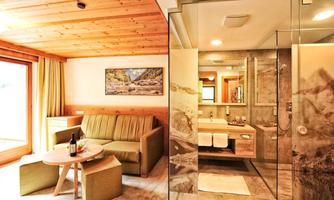 A cozy room with a wooden ceiling, a sofa, and a table. The bathroom is modern and stylishly designed.