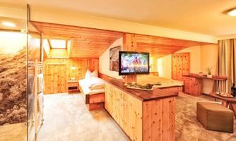 A cozy room with wooden paneling and a modern television. The space includes a double bed and a small living area.