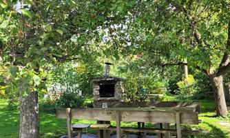 A cozy garden with a wooden bench and a grill under a large tree. In the foreground, a dog is lying on the grass.