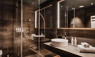 A modern bathroom with a glass shower and an elegant sink. Soft towels and toiletries give the decor an inviting character.