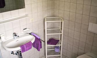 A bright bathroom with tiles in neutral colors. Towels and toilet paper in shades of purple add a little splash of color.