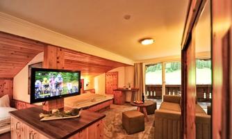 A cozy room with wooden paneling and modern amenities. There is a flat-screen TV and access to a balcony with a view of the greenery.