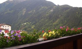 View of a tranquil mountain landscape with colorful blooming flowers on a balcony railing. The mountains in the background are green and forested.