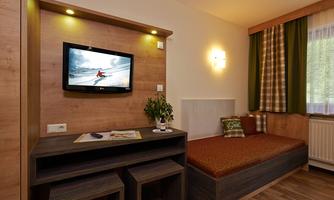 A cozy room with wood paneling and a TV on the wall. On the table, there is a plant, and the windows have green curtains.