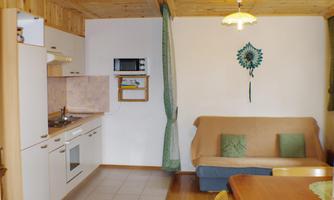 A cozy kitchen with a living area. The walls are made of wood, and there is green decoration.