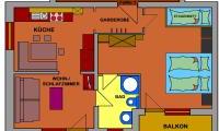 A schematic representation of an apartment with two bedrooms, a kitchen, and a living room. There are also two balconies.
