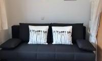 A modern living room with a black sofa and two decorative cushions. A small picture hangs on the wall, and there is a wall lamp.