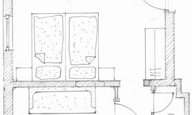 A simple sketch of a living space with two beds, a table, and a kitchen. The arrangement of the furniture is clear and well thought out.