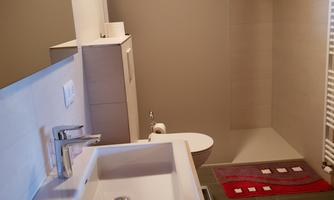 A modern bathroom with a white sink and wooden ceiling. The room is bright and neutral in colors, with a red bath mat.